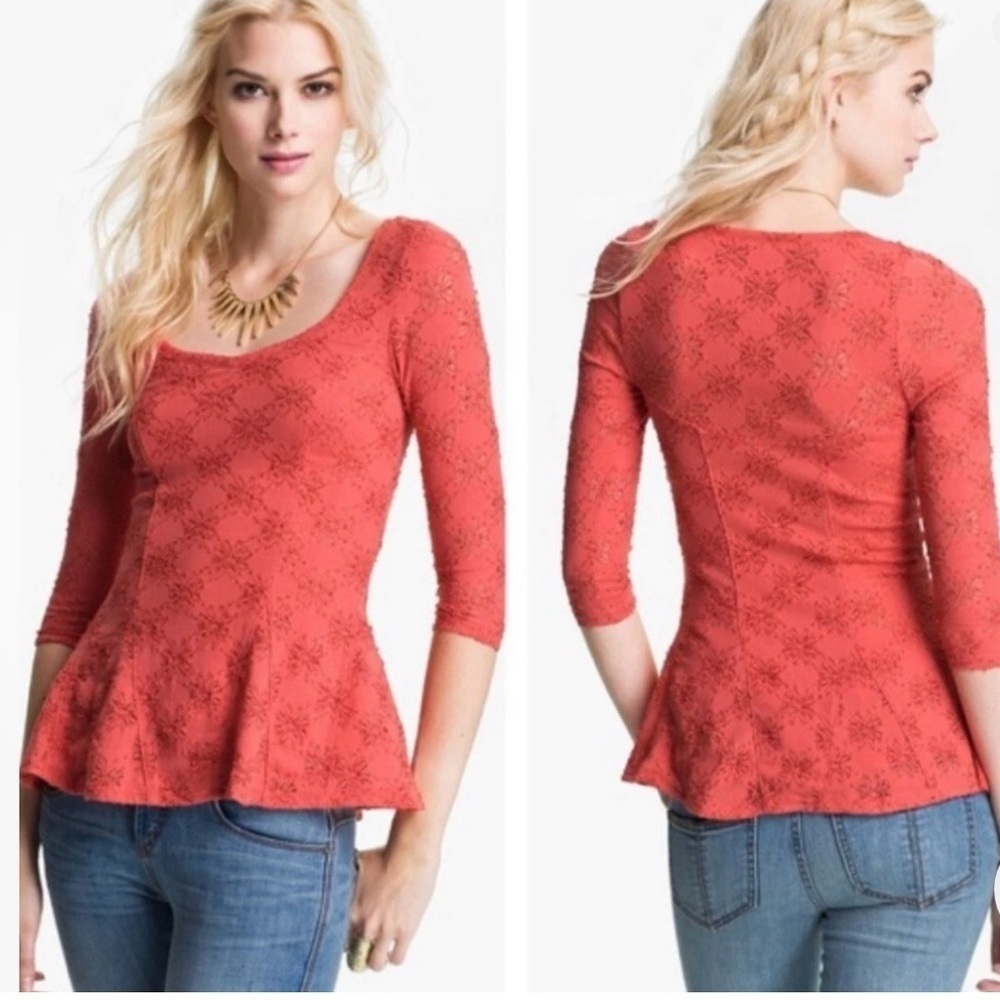 Free People Coral Lace Peplum Blouse